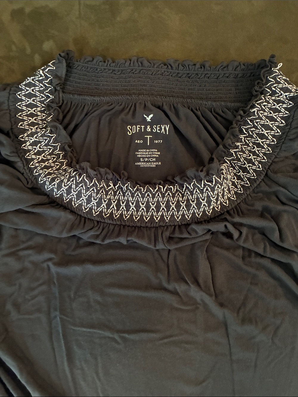 American Eagle Soft & Sexy Black Smocked Neck Top